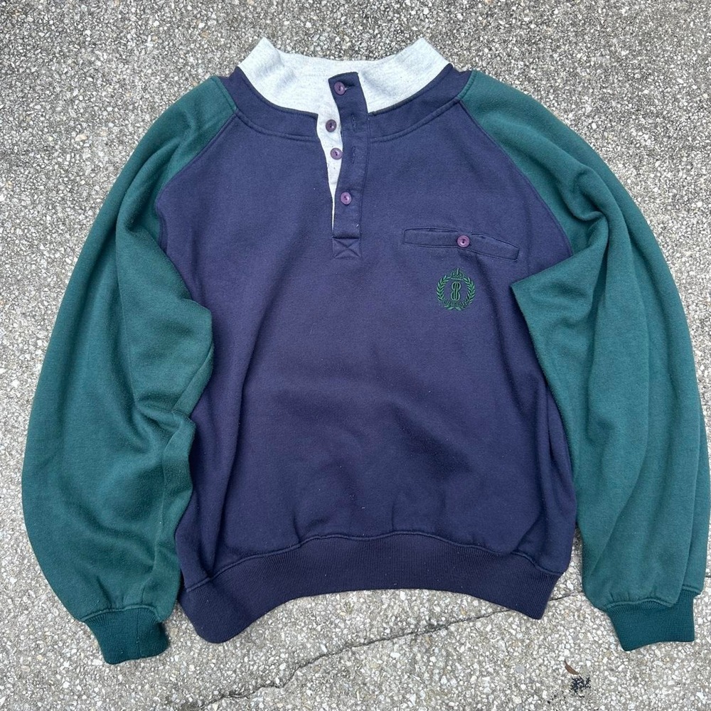 *SOLD* 90s Bill Blass Navy Blue Henley Style Fleece Sweatshirt Size XL